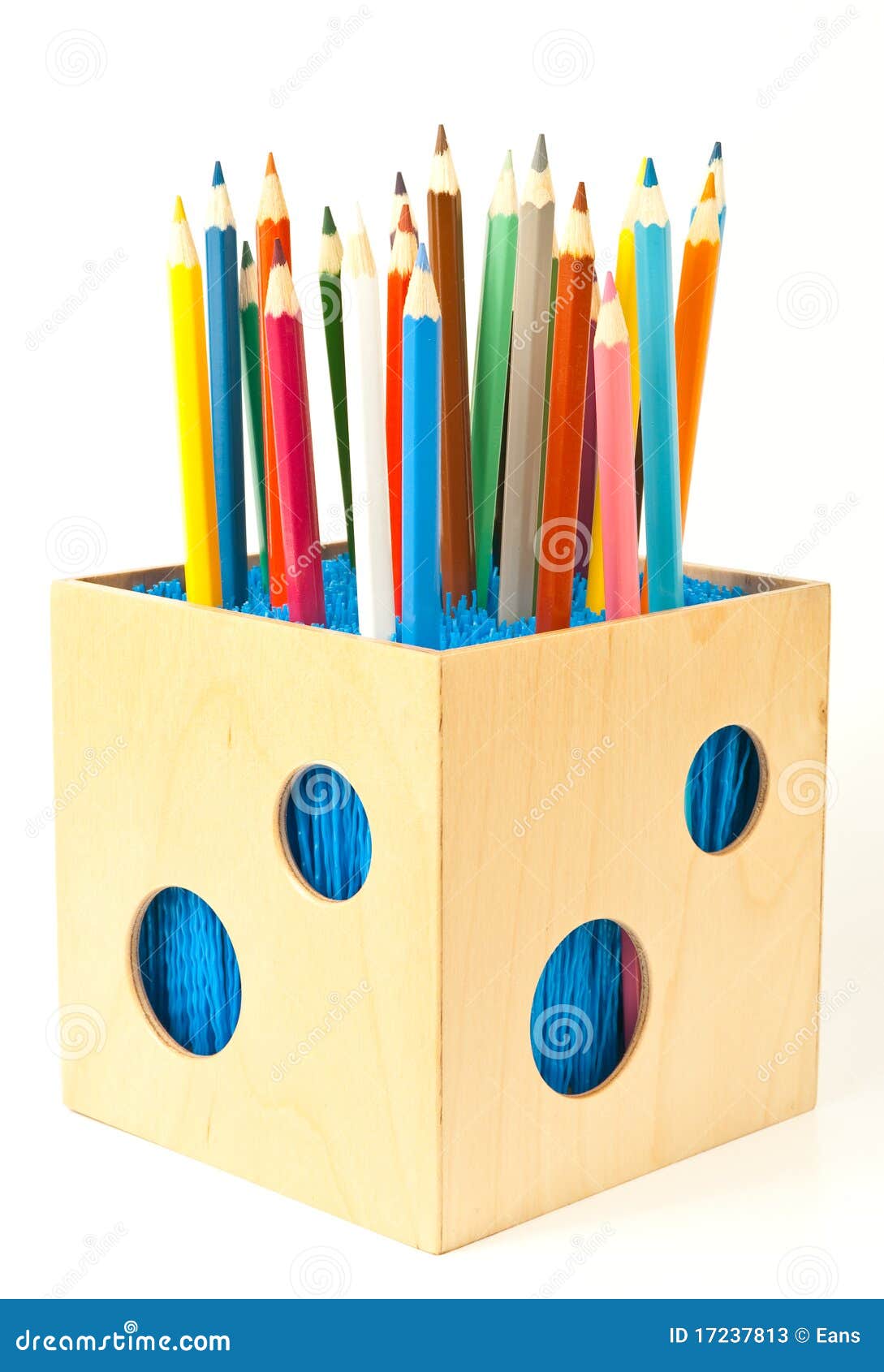 Wooden box with pencils over white.
