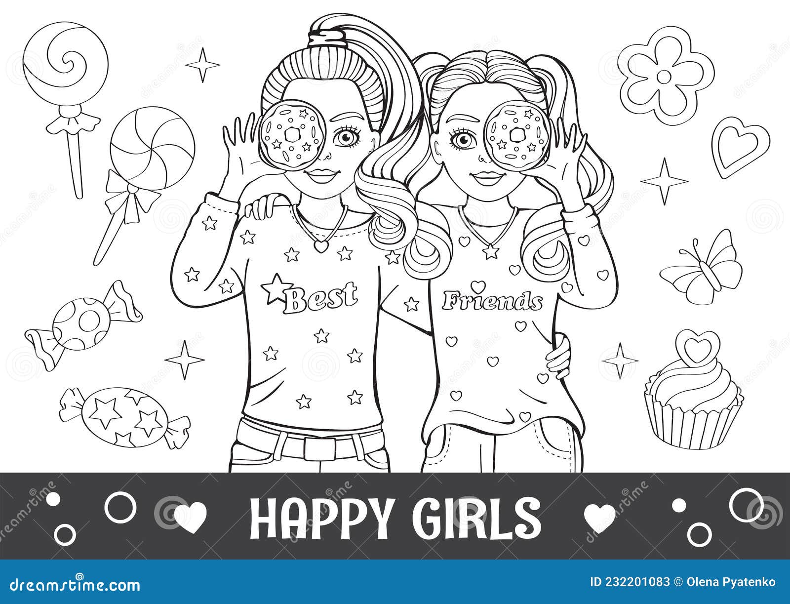 Pencil Drawing. Antistress Coloring Book, Page. Best Friends. Cartoon  Stylish Girl with Donut. Set Desserts. Children Illustration Stock Vector -  Illustration of cute, dream: 232201083