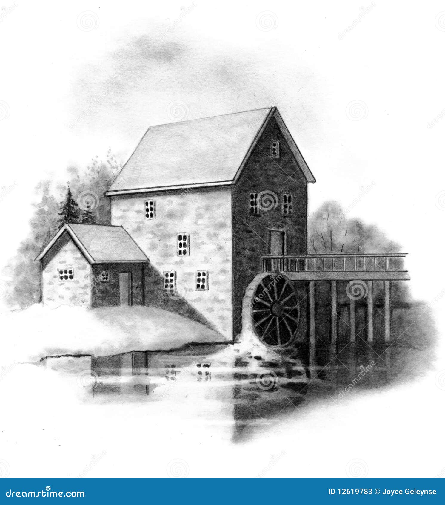 pencil drawing of old stone mill