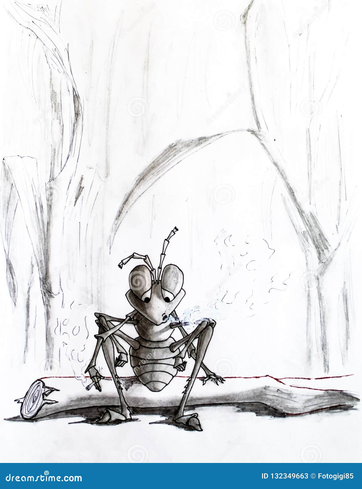 Pencil Drawing. a Tired Ant Sat on a Log and Smokes. Senseless Life ...