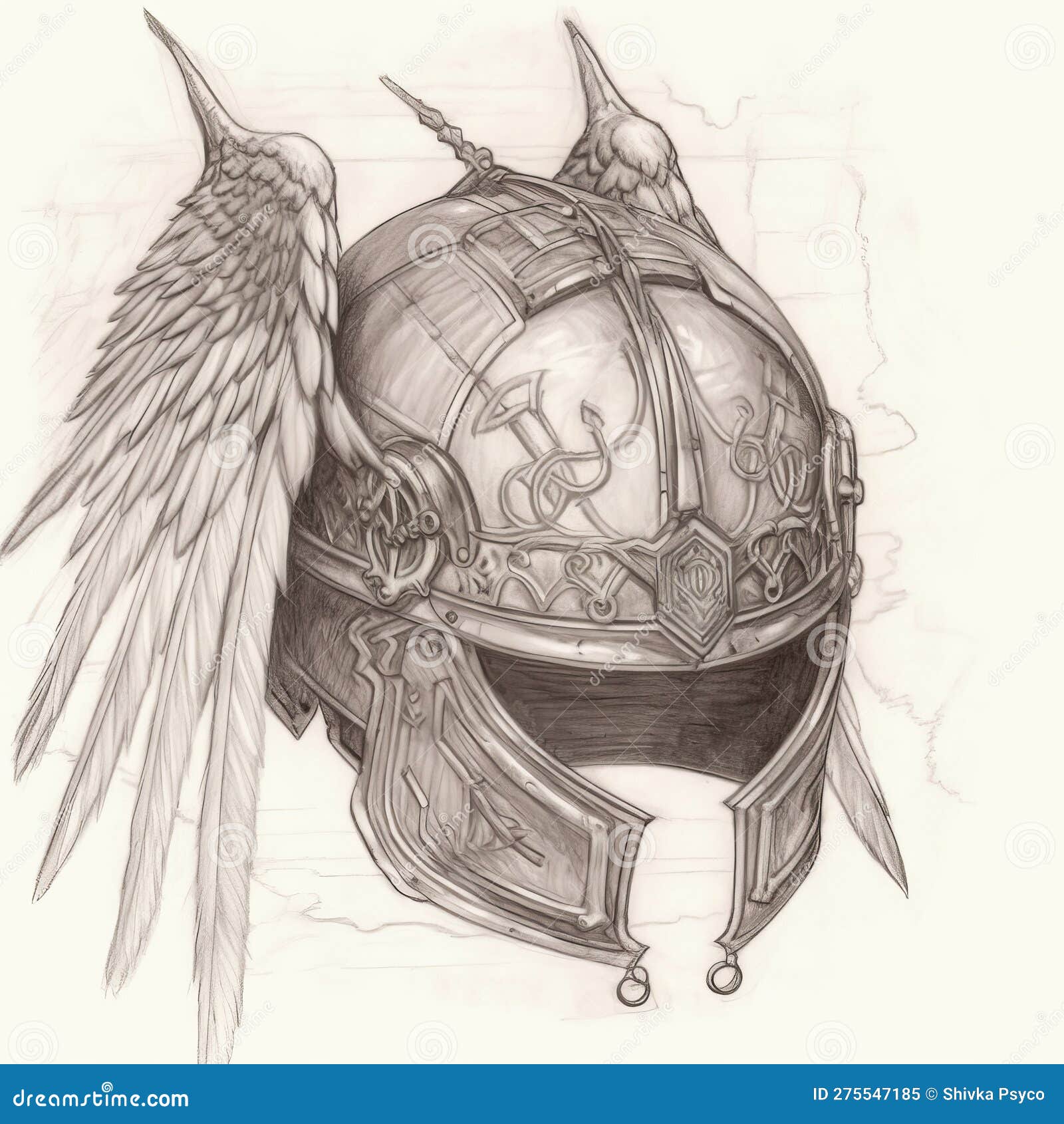 Pencil Drawing of Warrior Helmet on White Background Generative AI