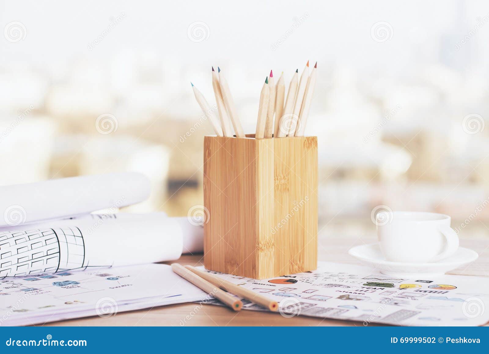 Pencil holder and coffee stock photo. Image of school 69999502