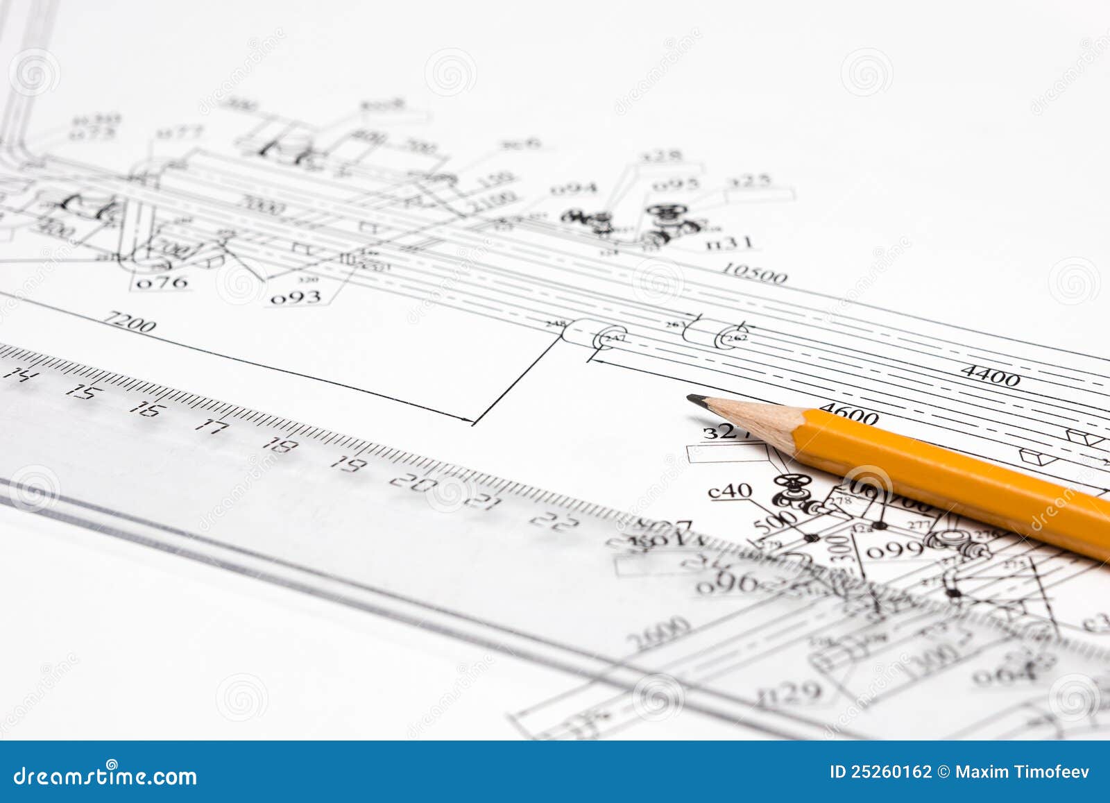 Pencil, Ruler and Drawing a Closeup Stock Photo Image of size, paper
