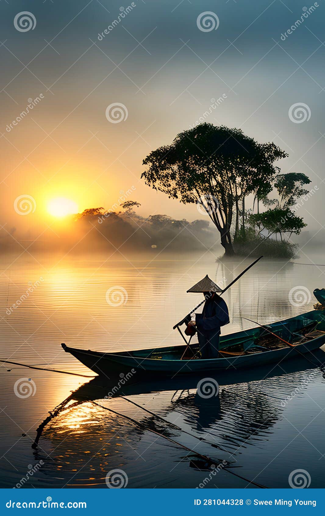 pencil sketch colorwater image of vietnamese fisherman with net at the mangrove wetlands.