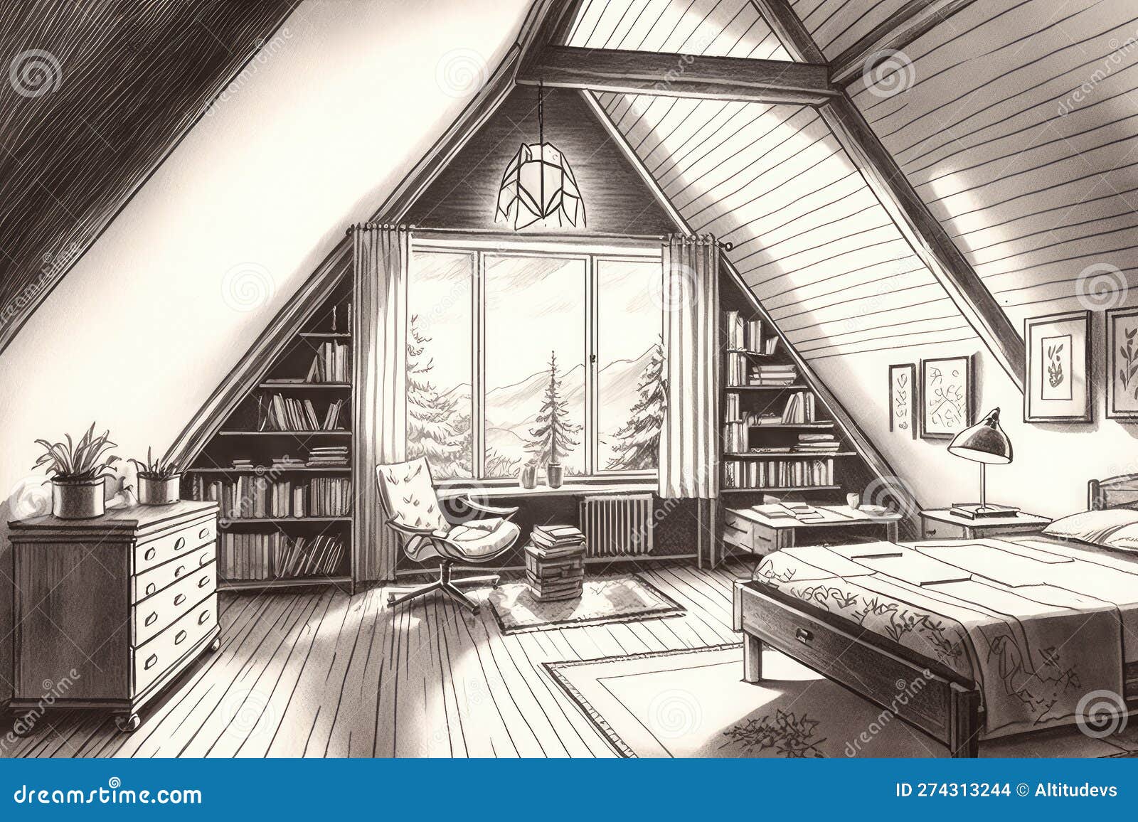 Pencil Sketch of a Cozy Attic Bedroom, with Bookcase and Window View