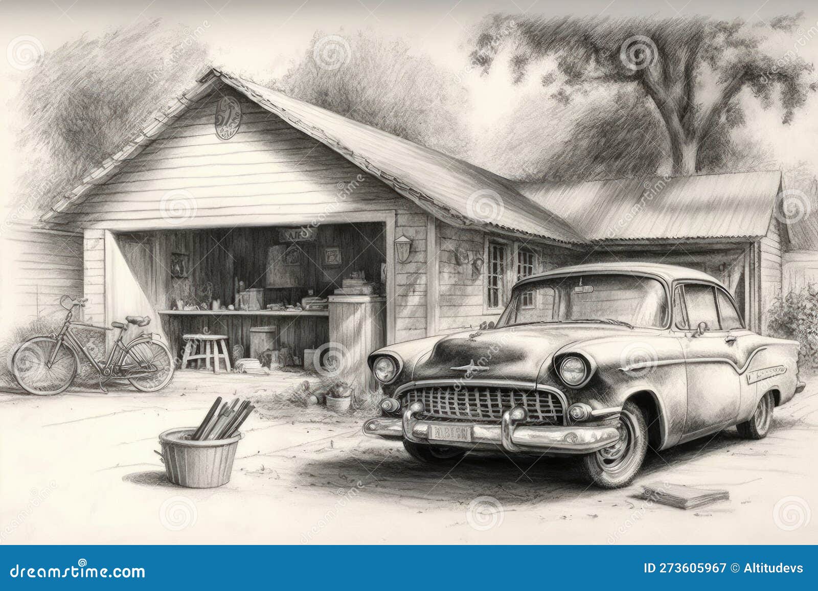 Pencil Sketch of Garage with Vintage Car and Tools in Foreground Stock
