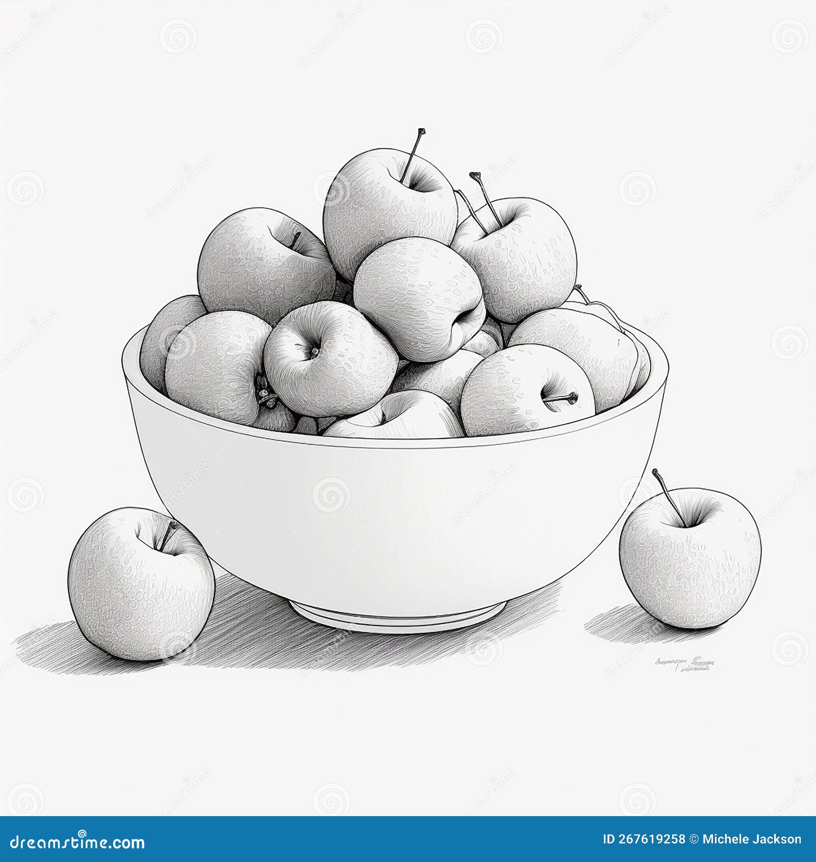 pencil sketch outline drawing created by generative ai of a bowl of apples