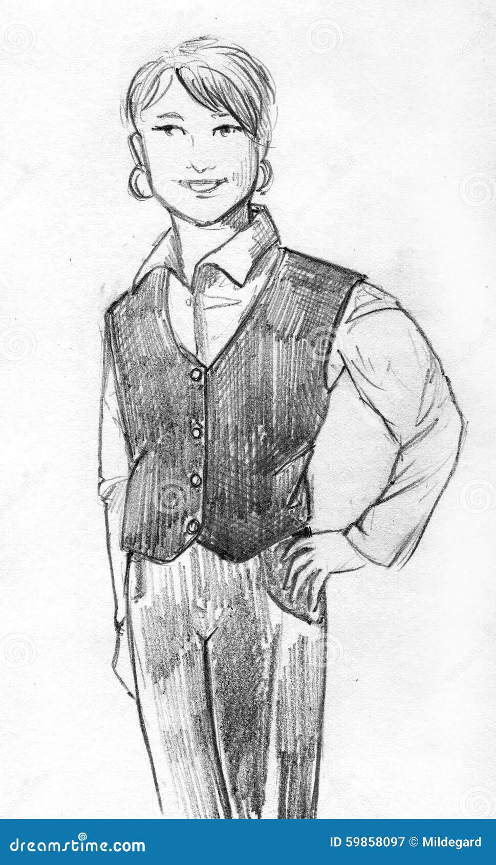 Pencil Sketch Of Woman In Waistcoat Stock Illustration ...