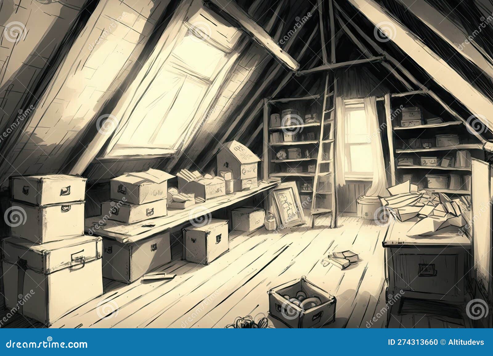 A Pencilsketched View of the Attic, with Boxes and Items Stored Neatly