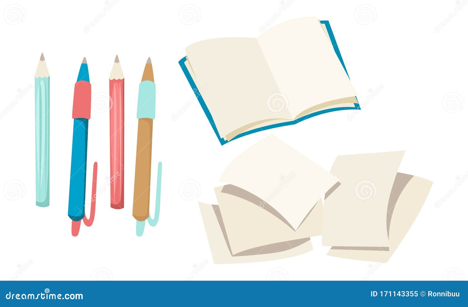 Stationery, Open Book, Pencils and Pens, Blank Pages. Vector Illustration  Stock Vector - Illustration of icons, notebook: 171143355