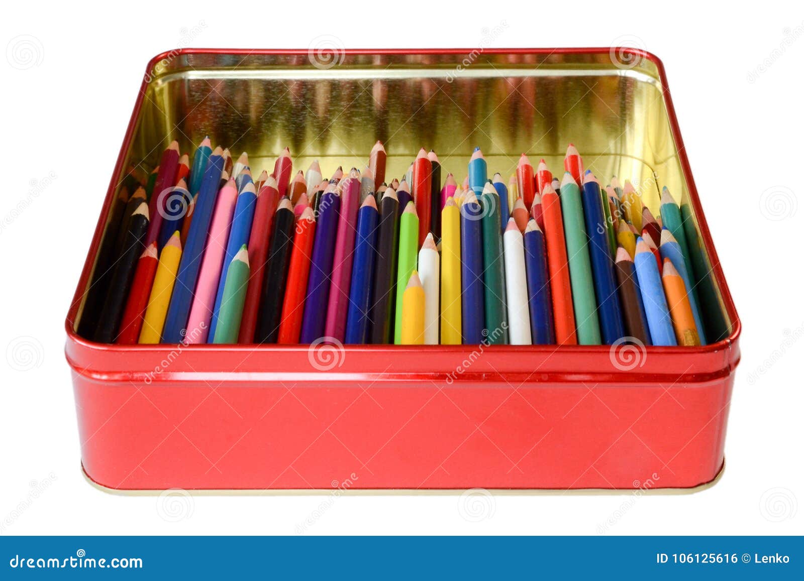 Color pencils in a tin box stock photo. Image of pink 106125616