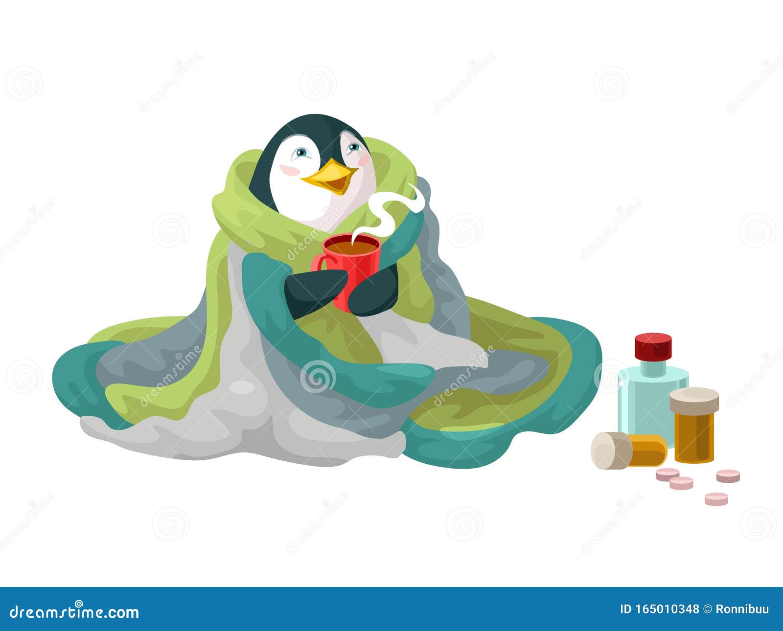 Penguin In Decken Mit Heißen Tee Und Medikamenten Rückgewinnungen Bei Kälte  Vektor Abbildung - Illustration Von Pinguin, Raum: 165010348