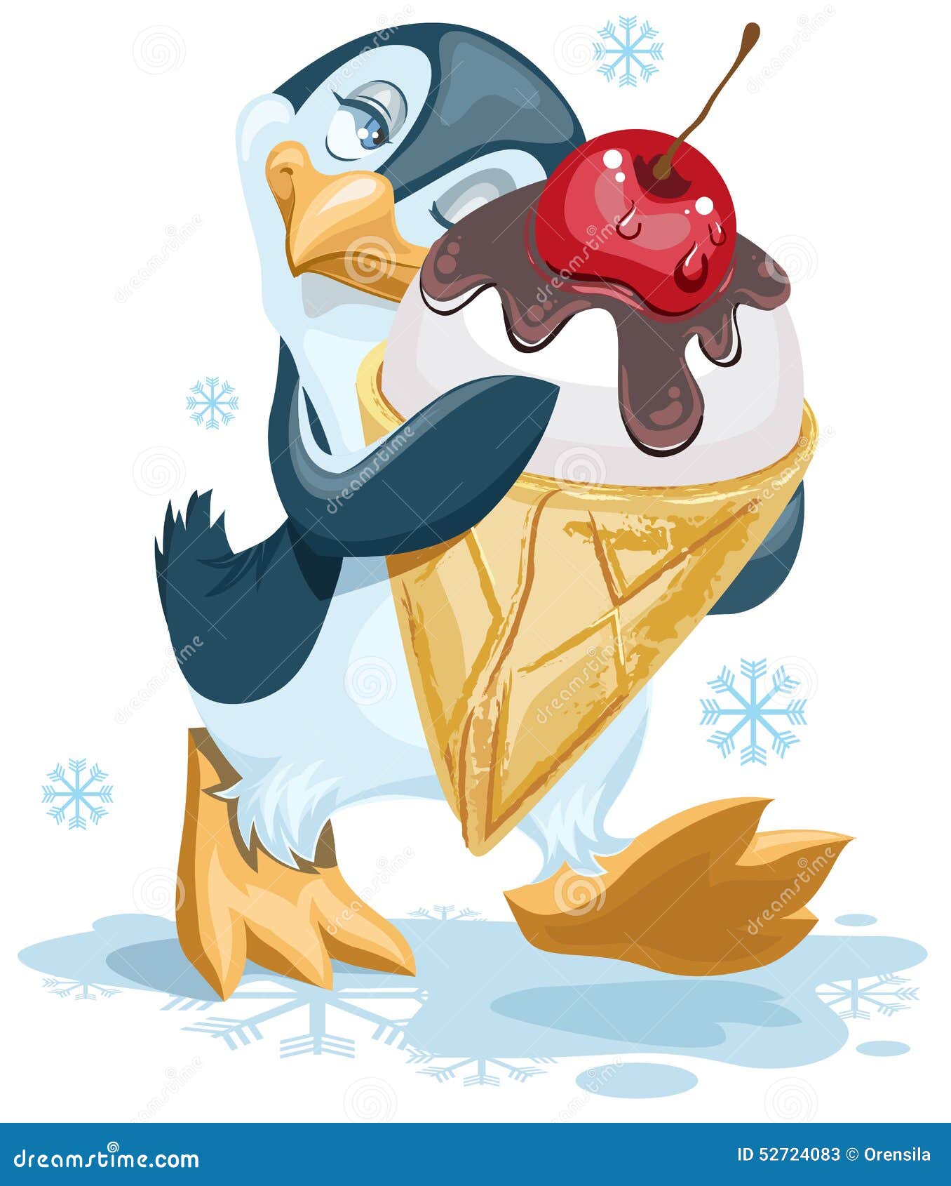 Penguin is an Ice Cream Cone with a Cherry Stock Vector Illustration