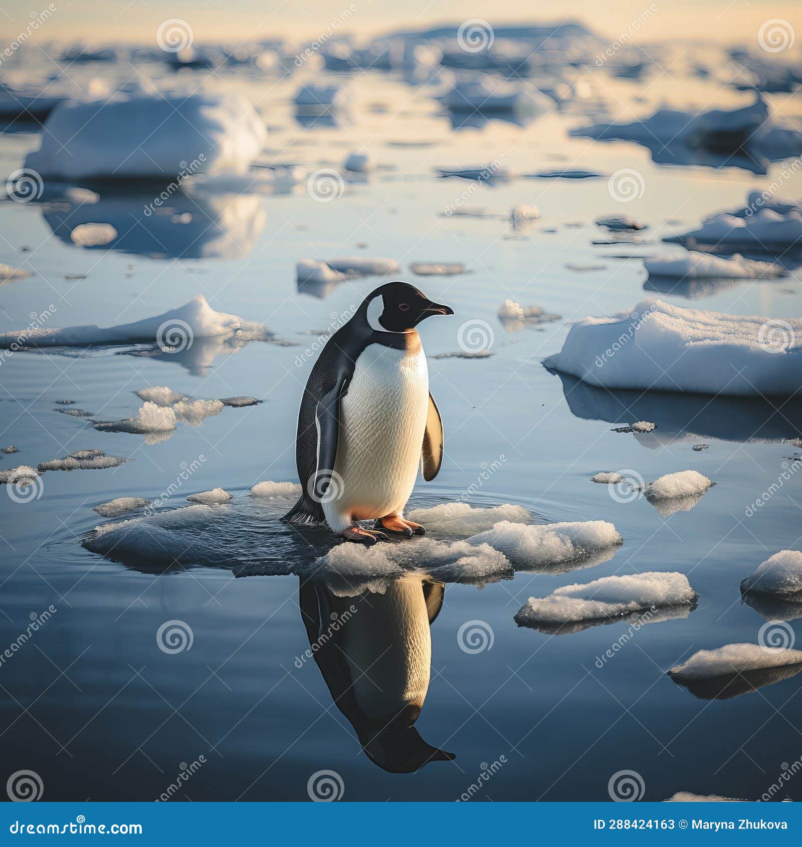 penguin on an ice floe in the water. large flightless bird in cold climates. floating birds. copyspace.