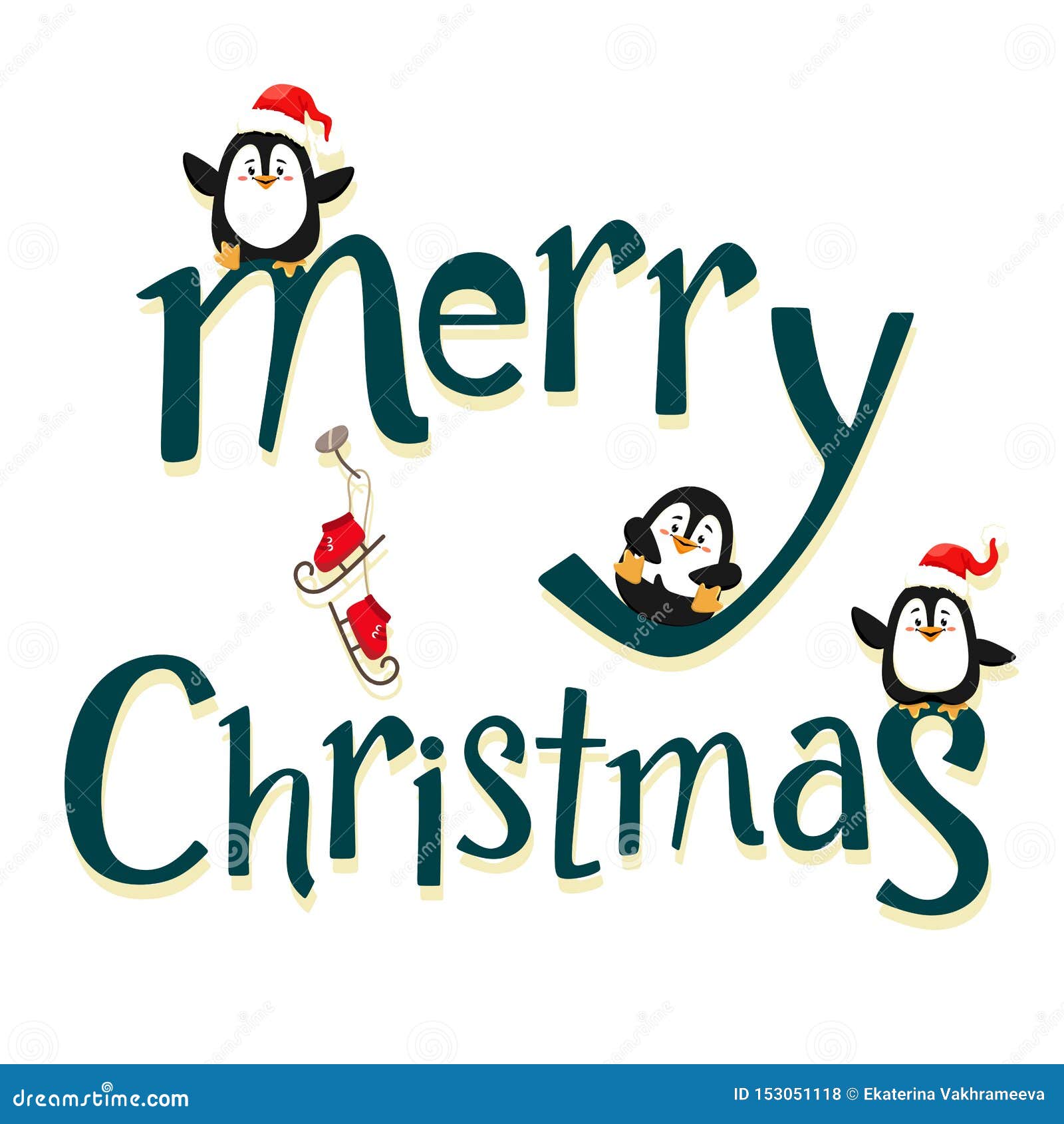 Lettering Merry Christmas with Funny and Cute Penguins on the Text. Vector  Isolate on White Background. Stock Vector - Illustration of skates,  handwritten: 153051118