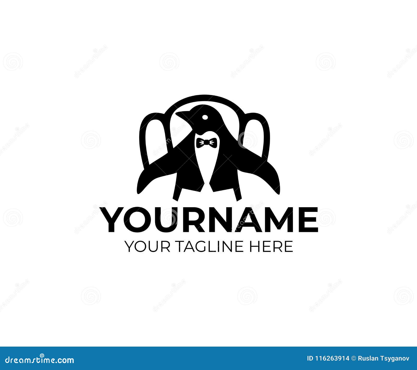 penguin in tailcoat, frac and tuxedo sits on vintage chair, logo template. cartoon character animal and bird, dressed in human clo