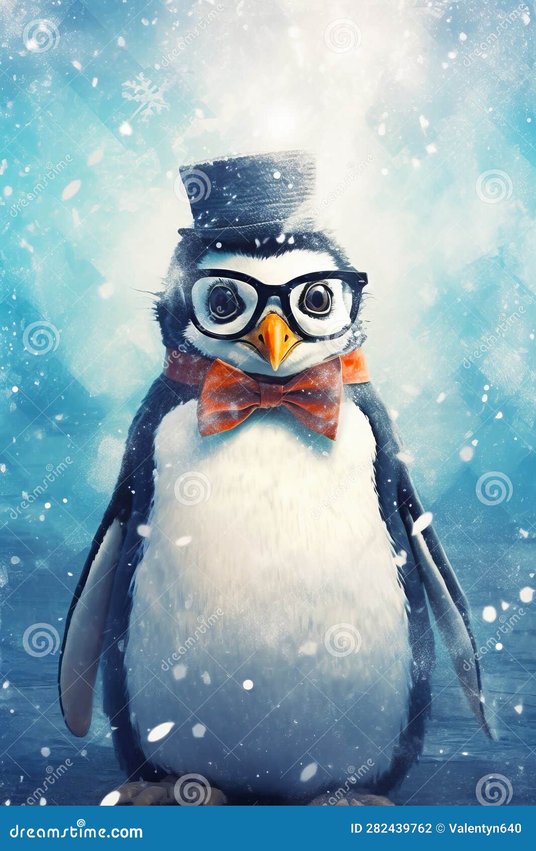 Penguin Wearing Glasses and Top Hat with Bow Tie and Bow Tie