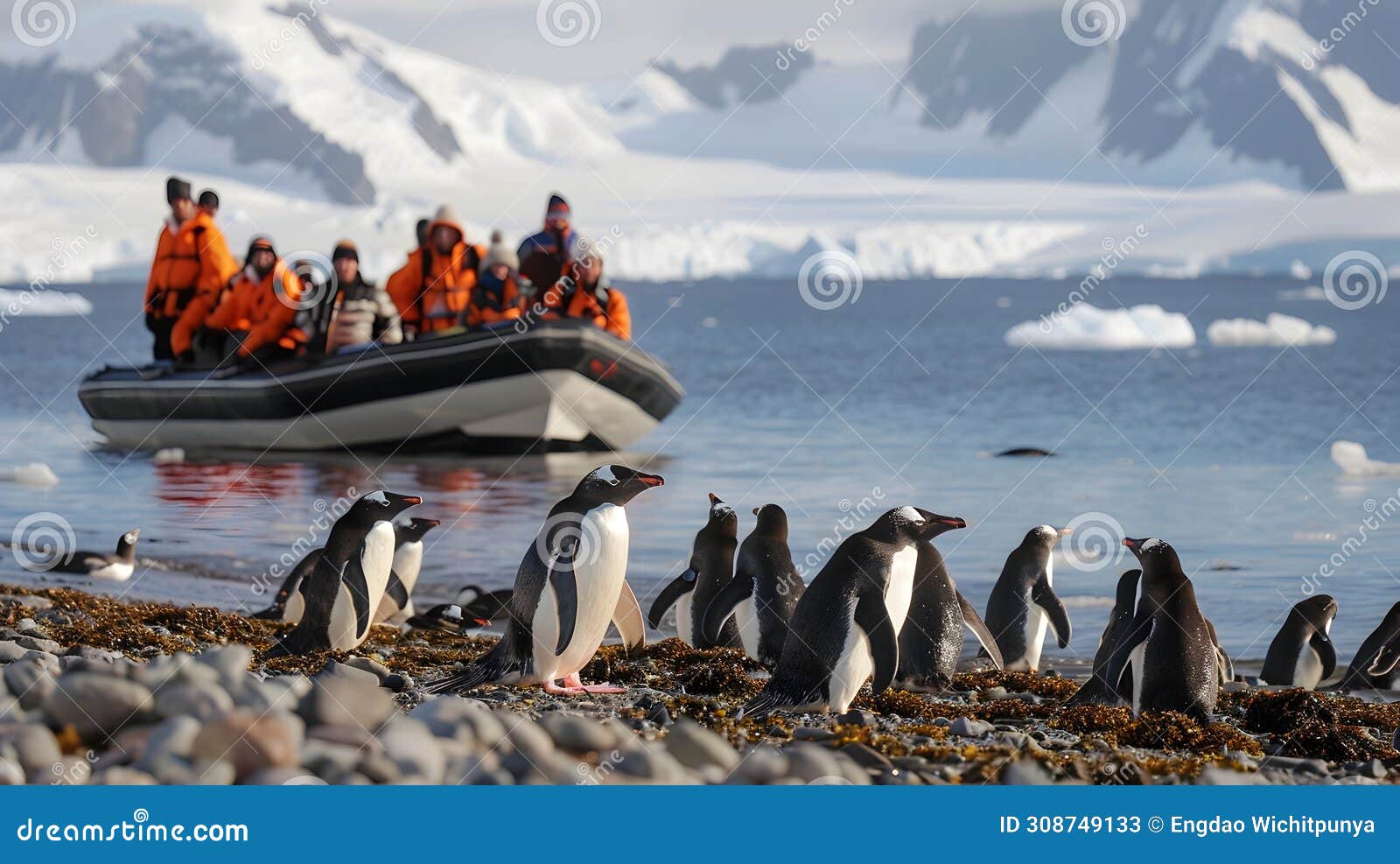 penguins on a beach with an orange boat in adventurecore style