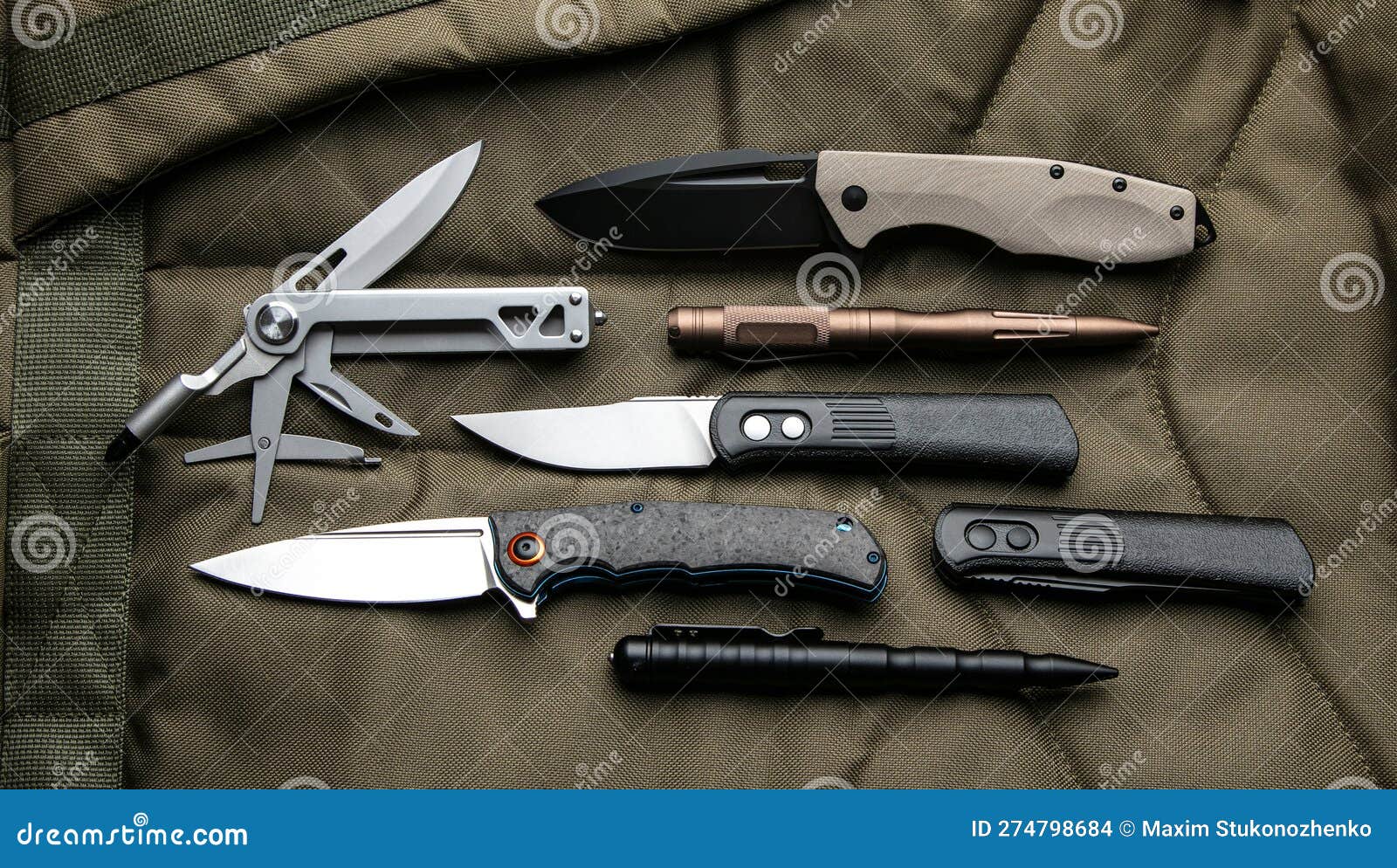Penknives, Multi-tools and Tactical Pens. Folding Pocket Knives on a Khaki  Back Stock Photo - Image of utility, lock: 274798684