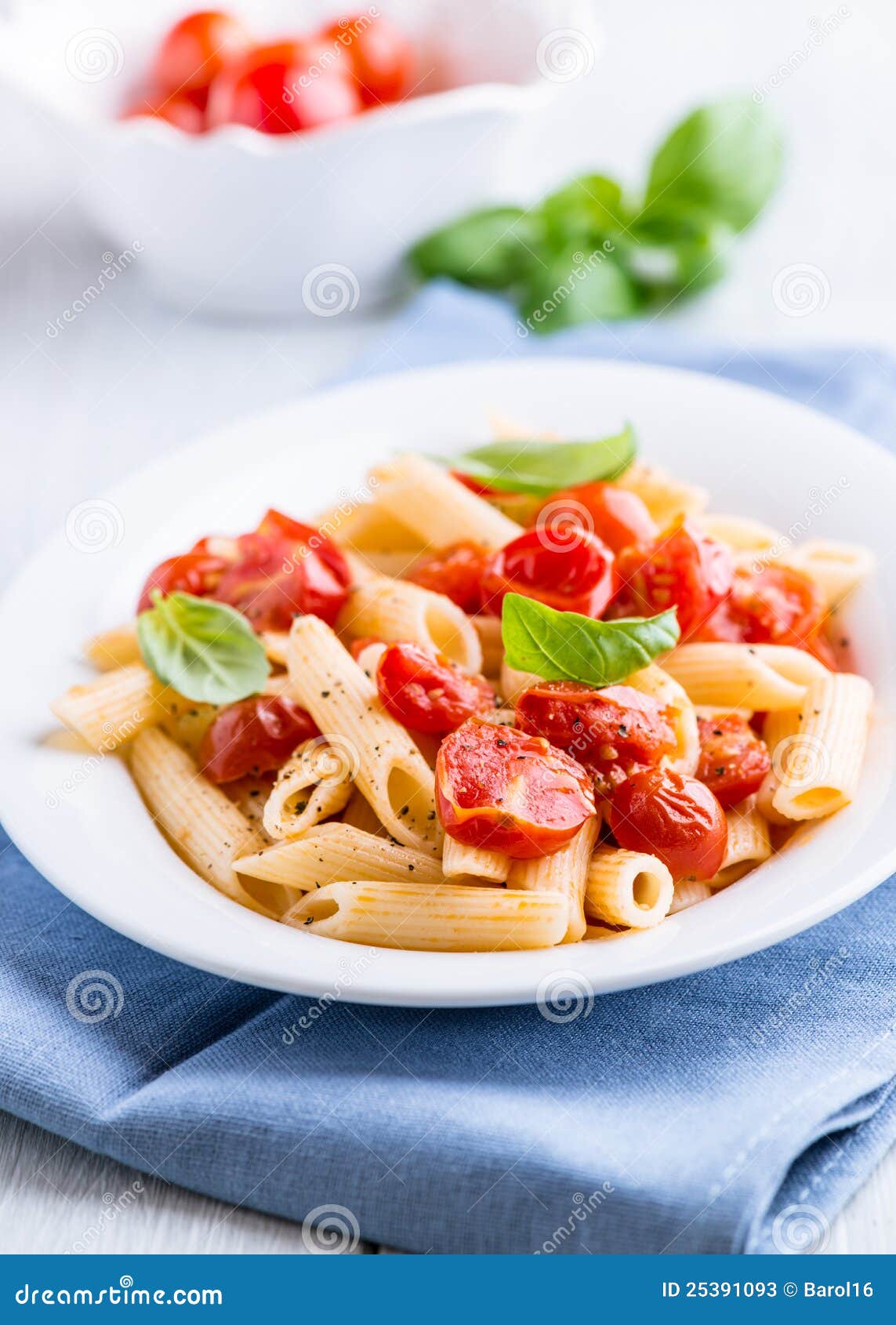 Penne Pasta with Cherry Tomatoes and Basil Stock Image - Image of