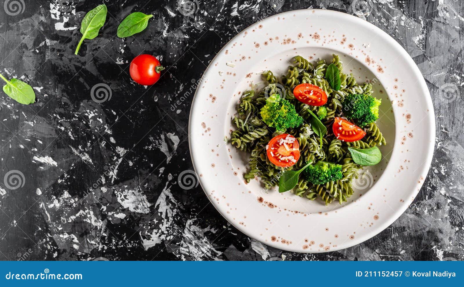 Penne Pasta with Spinach with Cherry Tomatoes. Proper Diet Stock Image Image of black, banner