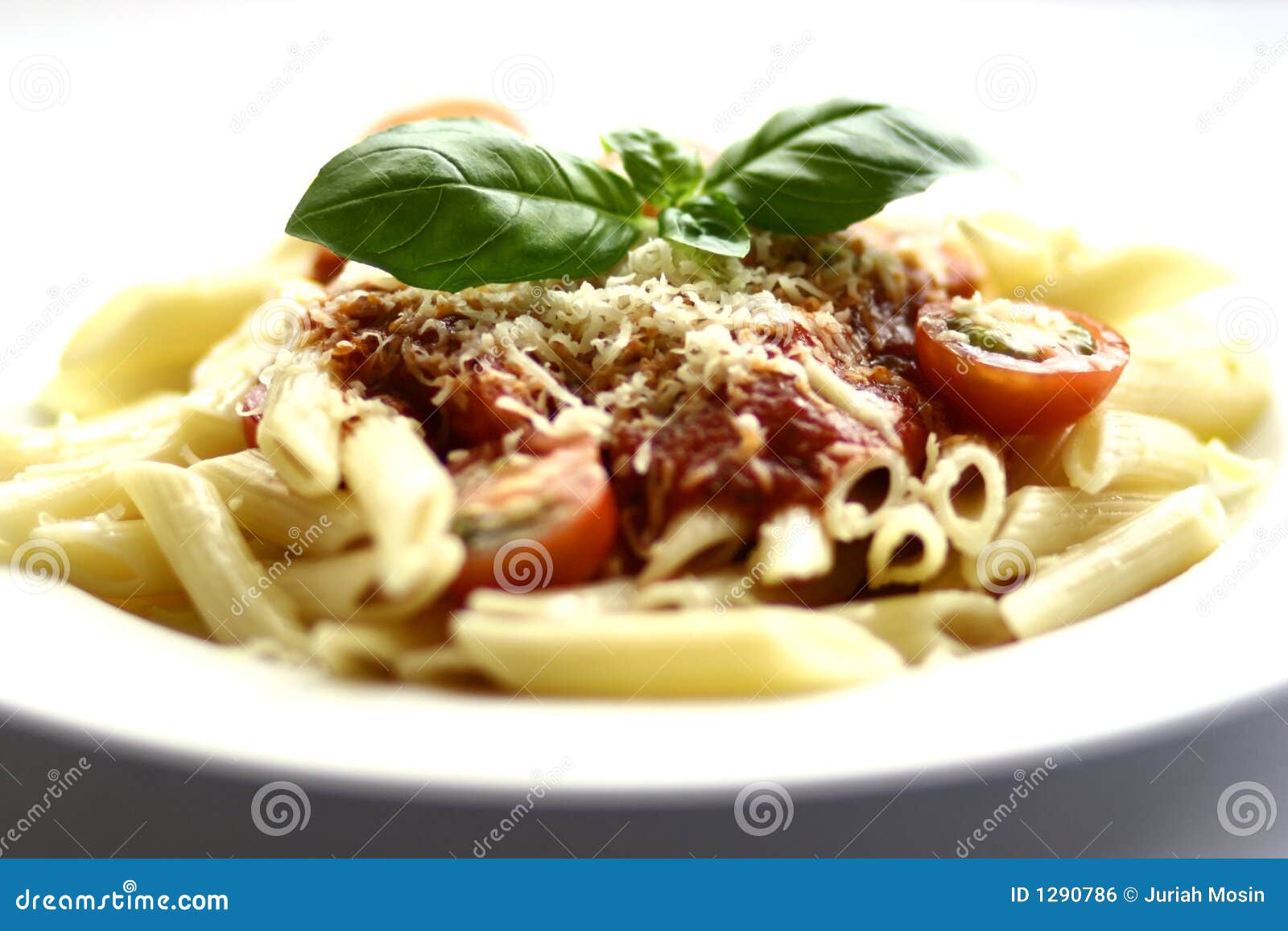 Close up of penne pasta with a thick tomato sauce, onions, and fresh garnish