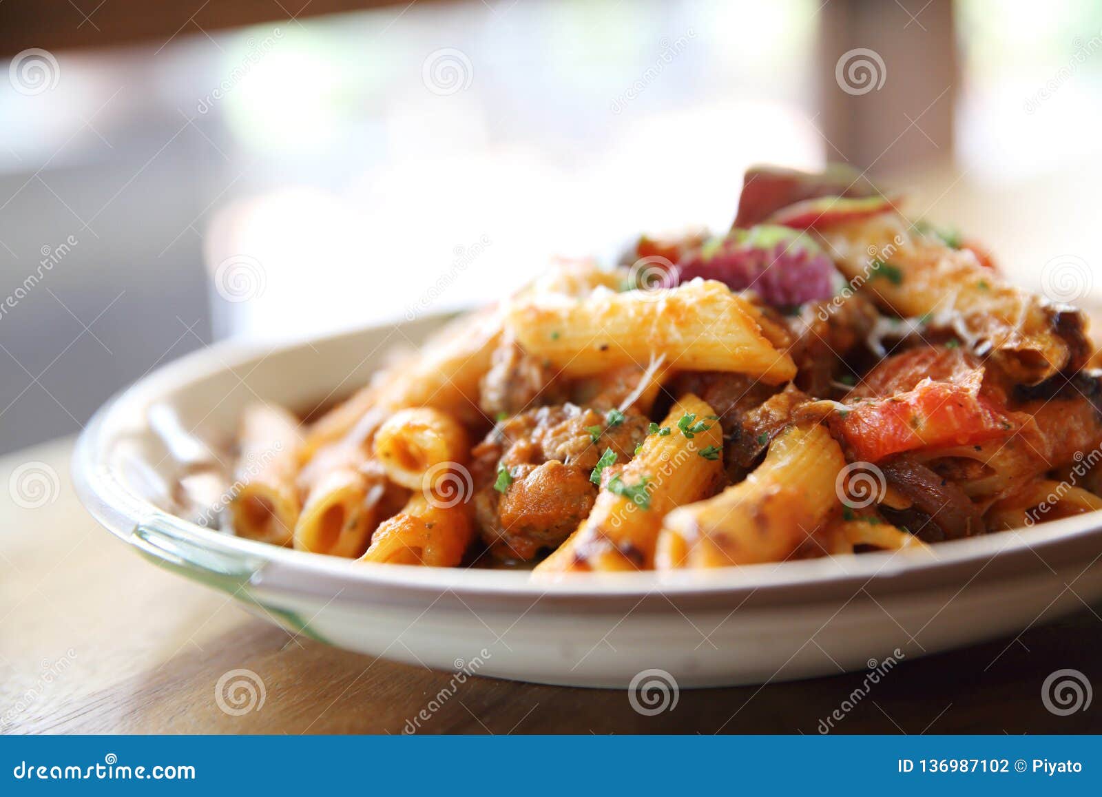 Penne Pasta in Tomato Sauce with Meatballs Stock Photo - Image of