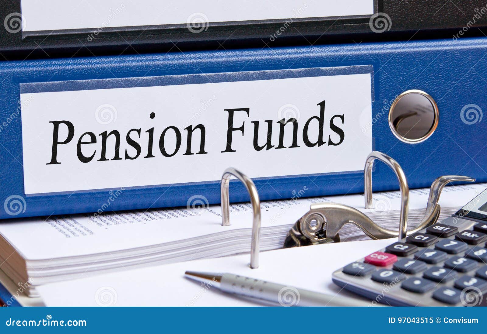 pension funds - blue binder with text in the office