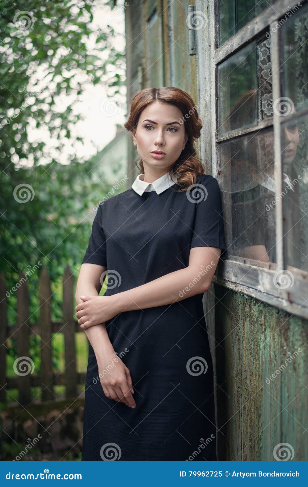 Vintage Nudist Porn Videos - Pensive Beautiful Young Girl in Retro Style Dress Standing Near the Window  of Old Wooden House. Stock Image - Image of person, hair: 79962725