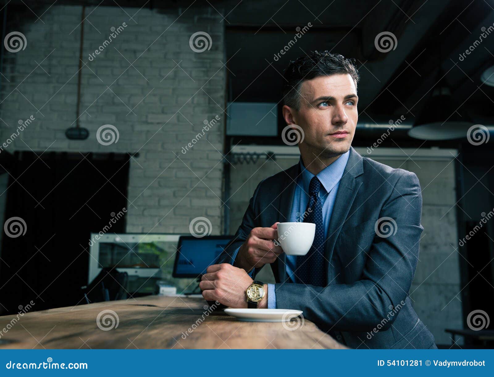 Pensive Businessman Drinking Coffee in Cafe Stock Image Image of