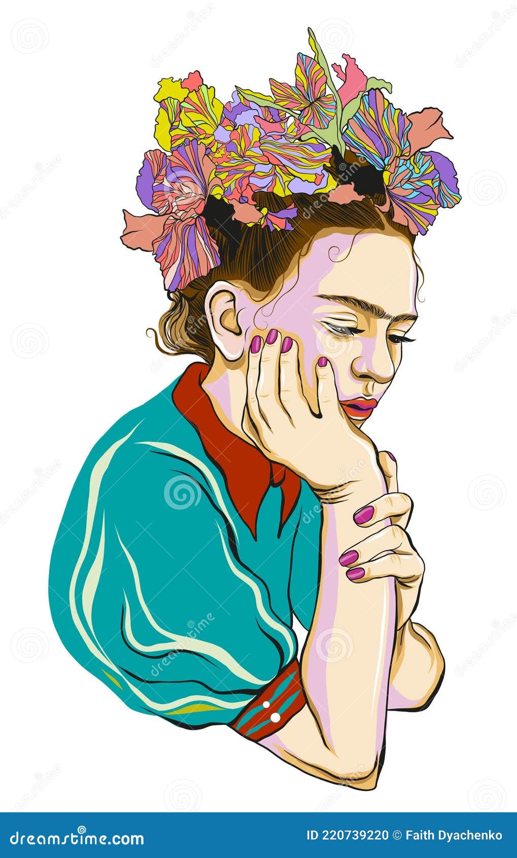 pensive frida kahlo with wreath from flowers.
