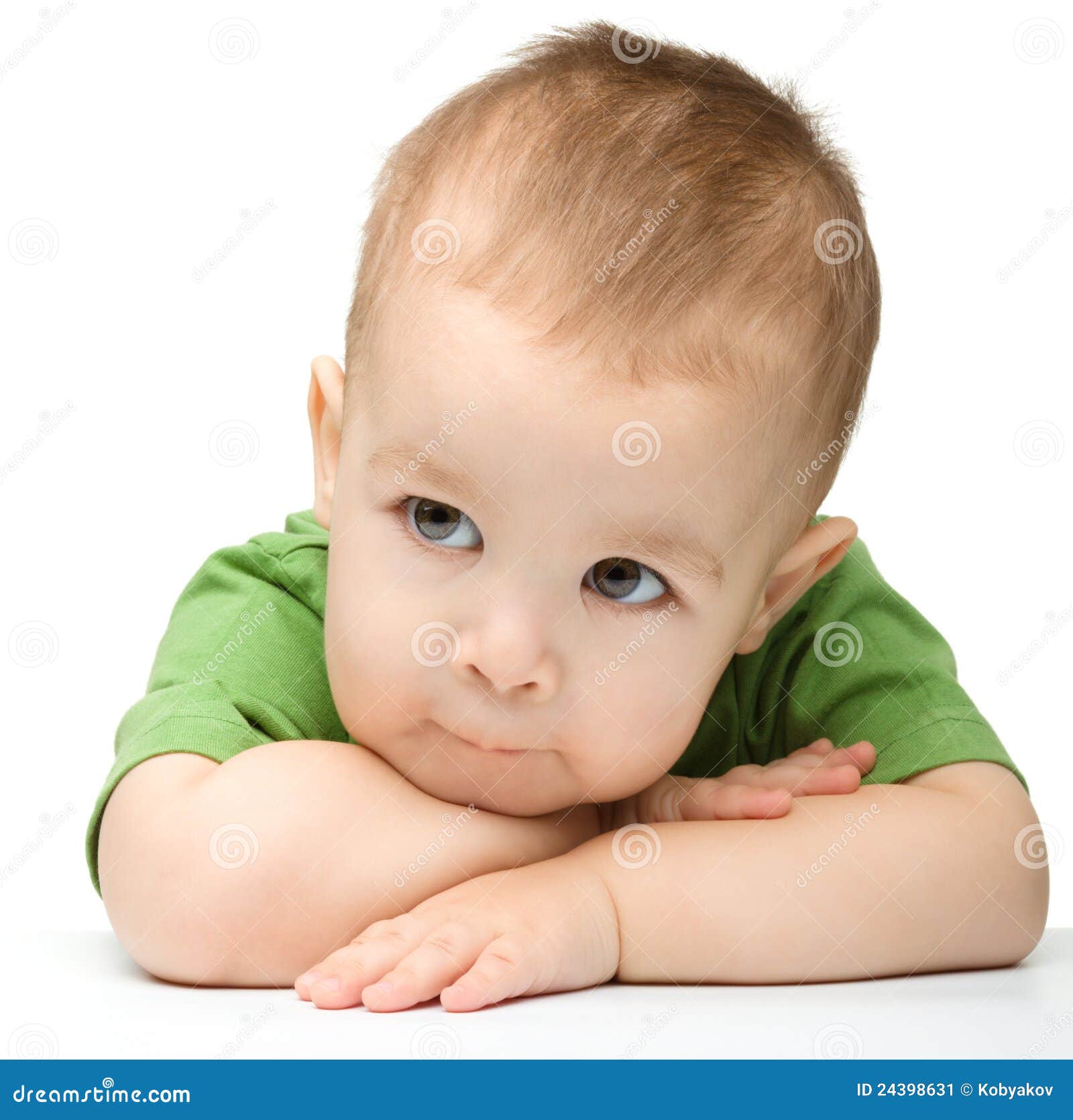 Pensive Little Boy Support His Head with Hands Stock Image - Image of ...