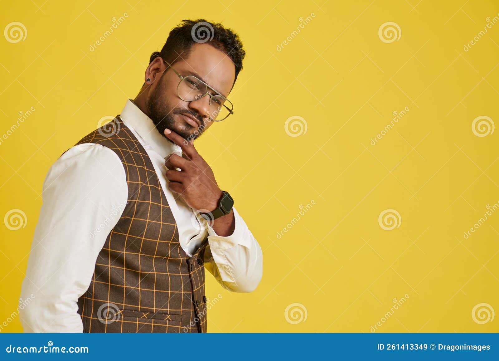 Pensive Man Rubbing Chin stock image. Image of business 261413349