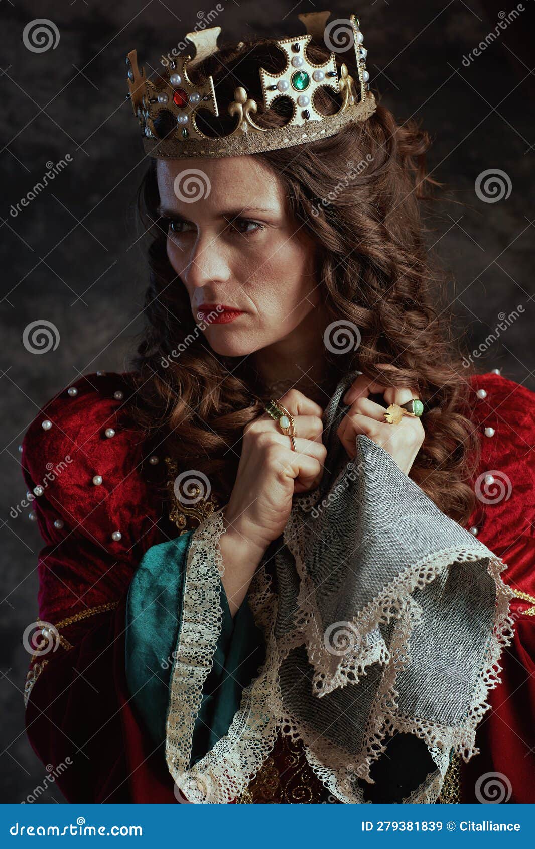 Pensive Medieval Queen in Red Dress with Handkerchief Stock Image ...