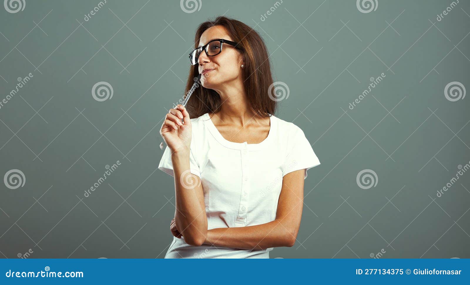 Pensive Woman Captivating Thoughts Pen Attire Stock Image Image Of Glasses Experiencing 