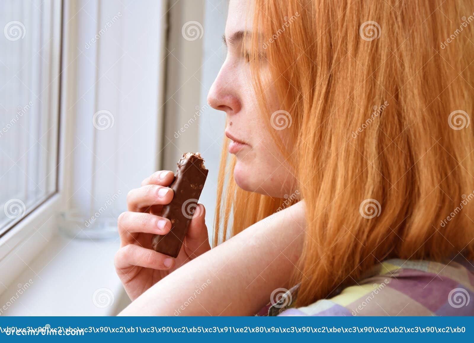 Pensive Woman Eating Curd Snack and Looking Out Window Stock Image - Image  of girl, domestic: 225491191