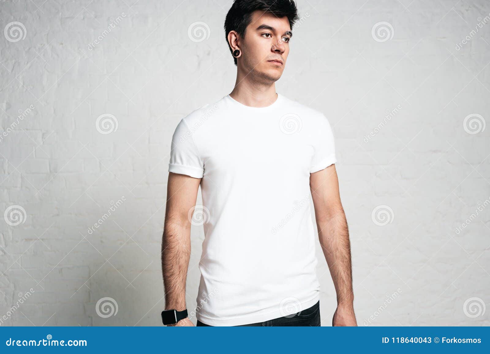 Pensive Young Man Wearing Blank White T-shirt, Horizontal Studio Stock ...