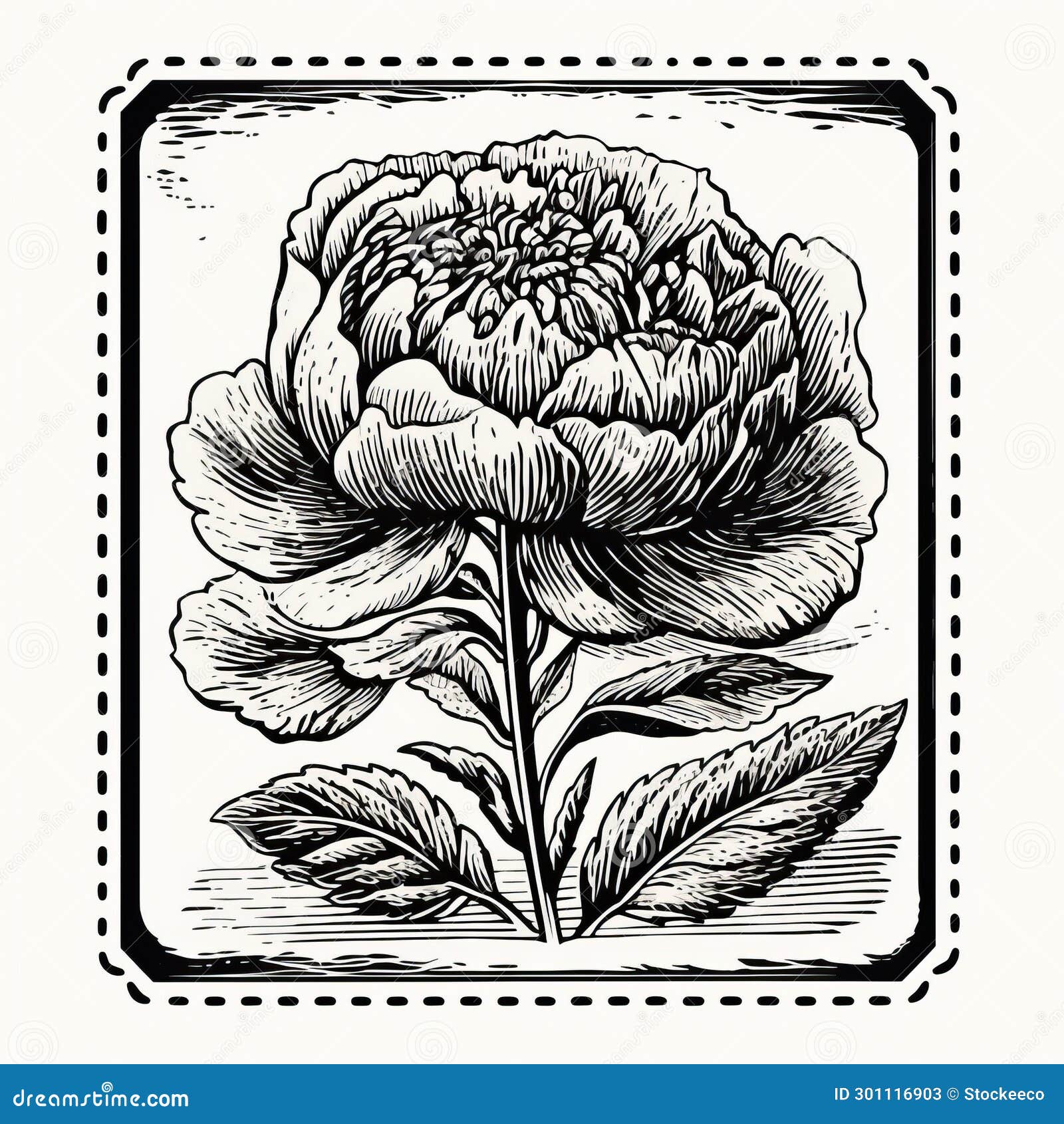Vintage Wood Block Print: Peony Flower Illustrations with Unique