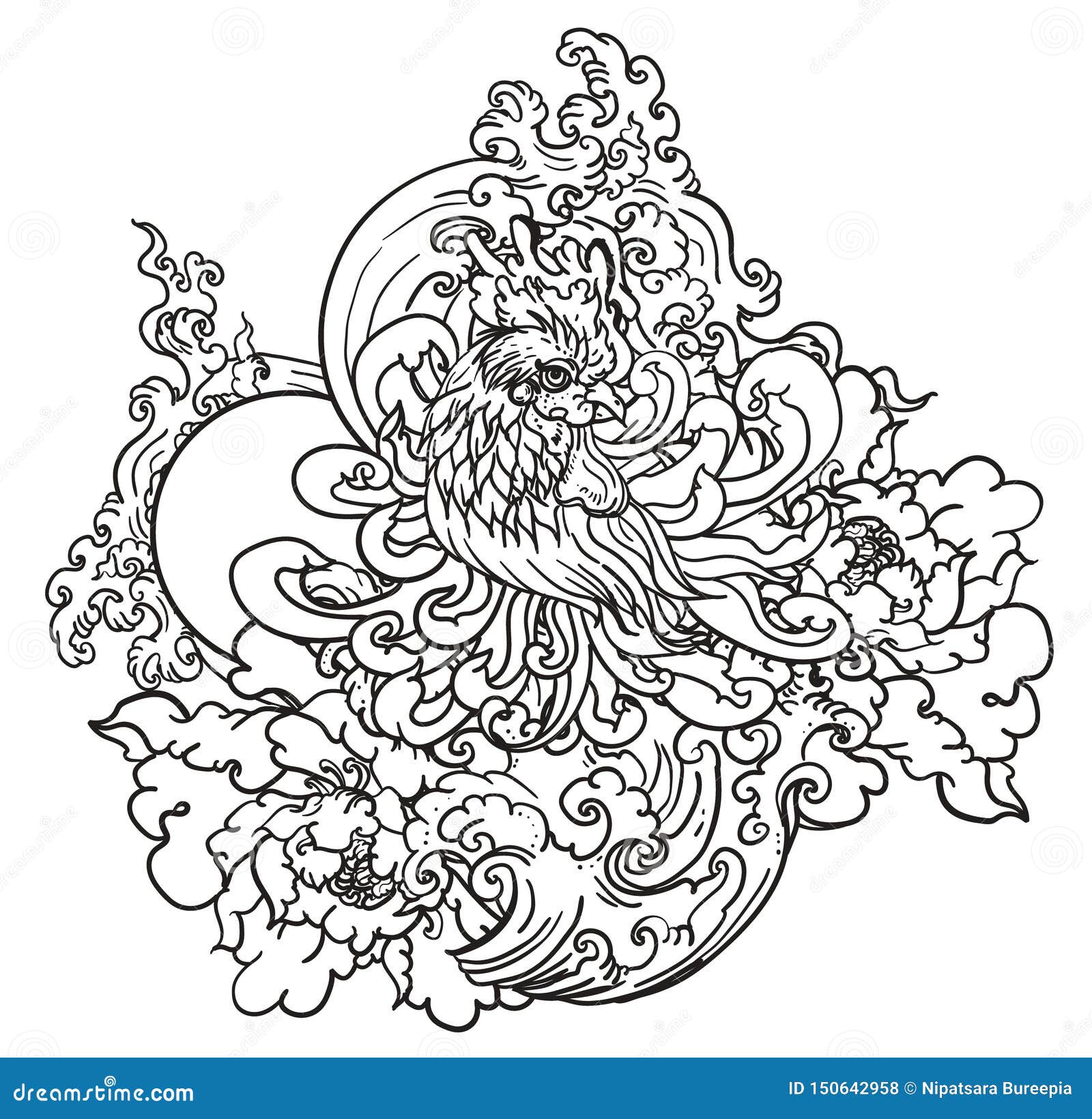 thai fighting cock in chrysanthemum flower   and coloring book.lucky chicken with chinese flower.