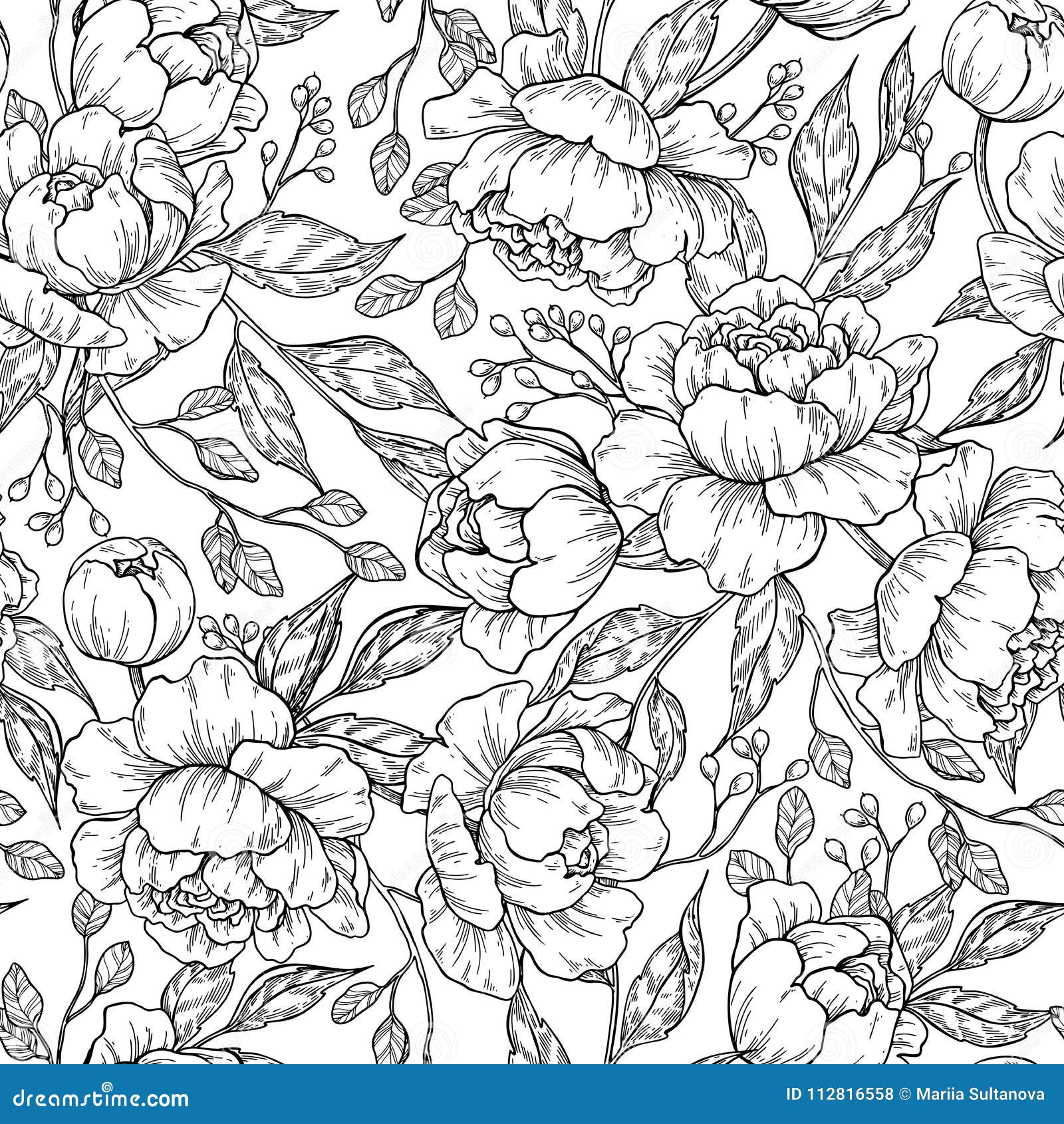 peony flower seamless pattern drawing.  hand drawn engrave