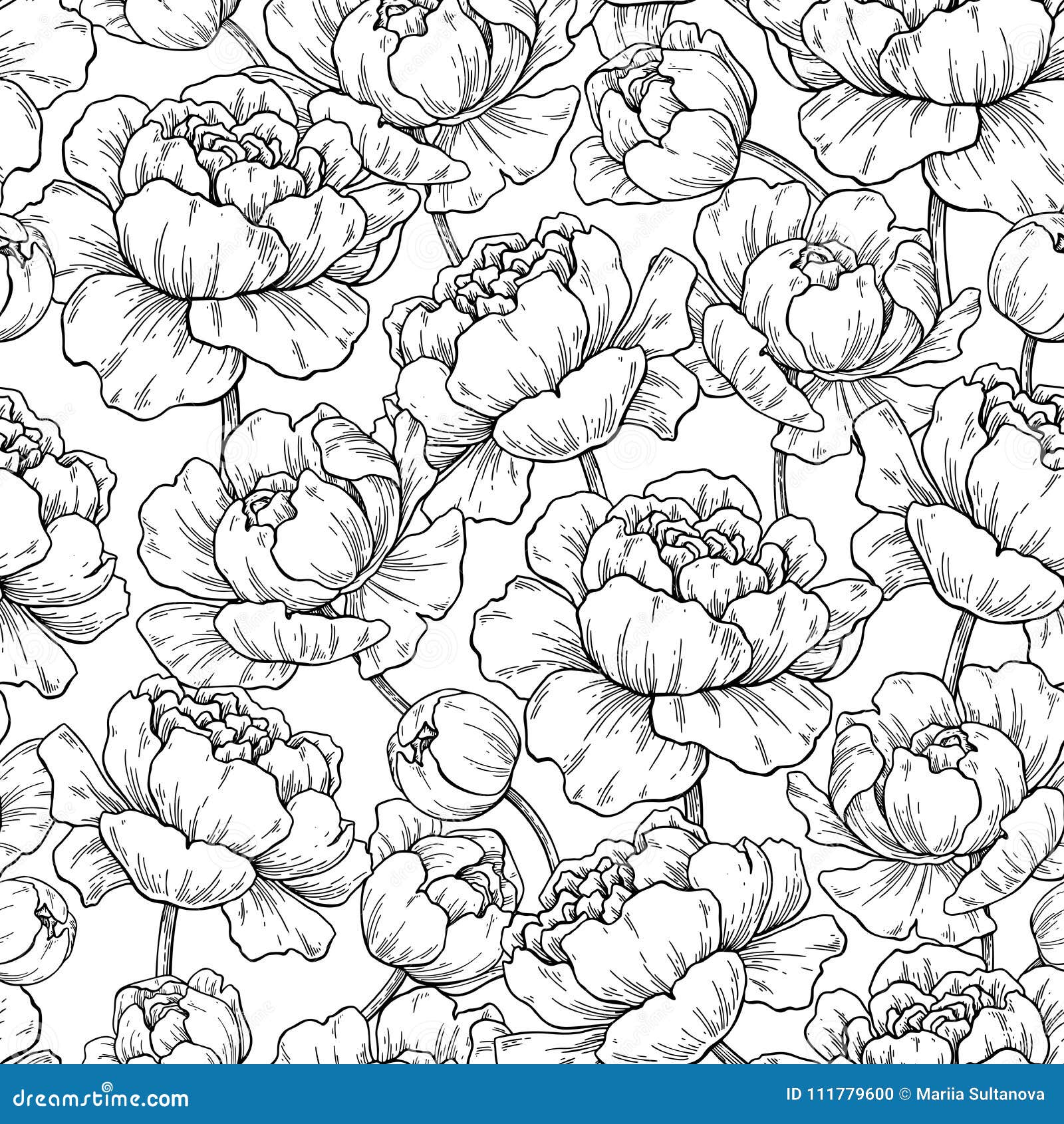 Peony Flower Seamless Pattern Drawing Vector Hand Drawn Engrave Stock Vector Illustration Of Peony Botanical 111779600