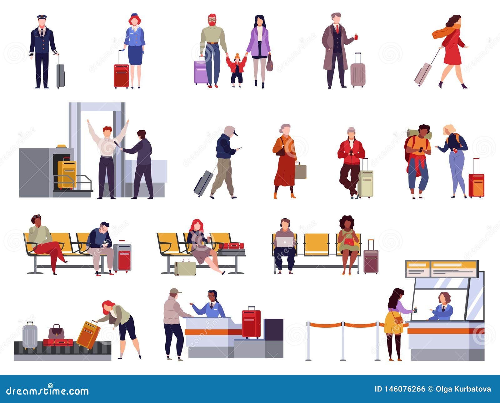people airport set. family travel registration passport control checkpoint security airport terminal luggage passenger