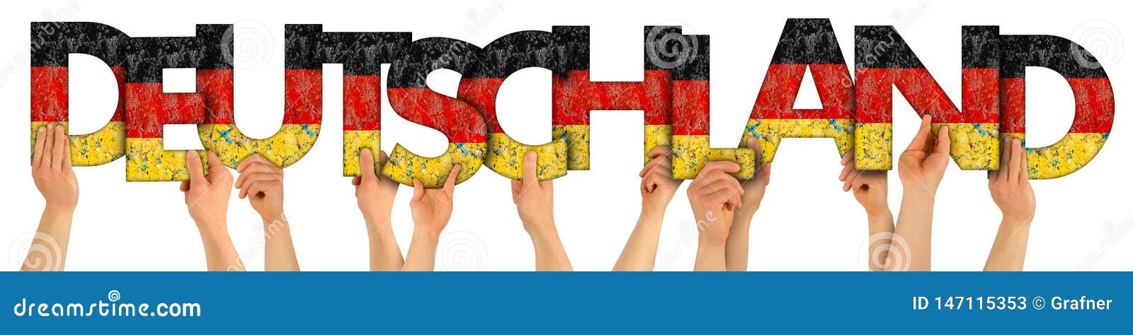 people arms hands holding up wooden letter lettering forming word deutschland in german national flag colors tourism travel nation