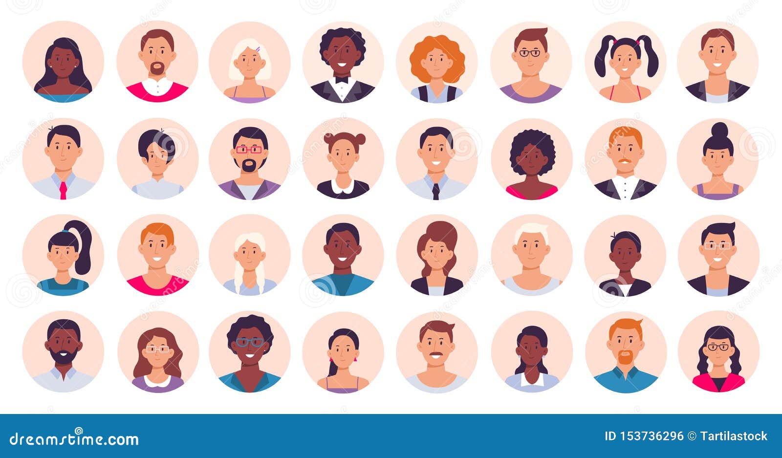 people avatar. smiling human circle portrait, female and male person round avatars flat icon  