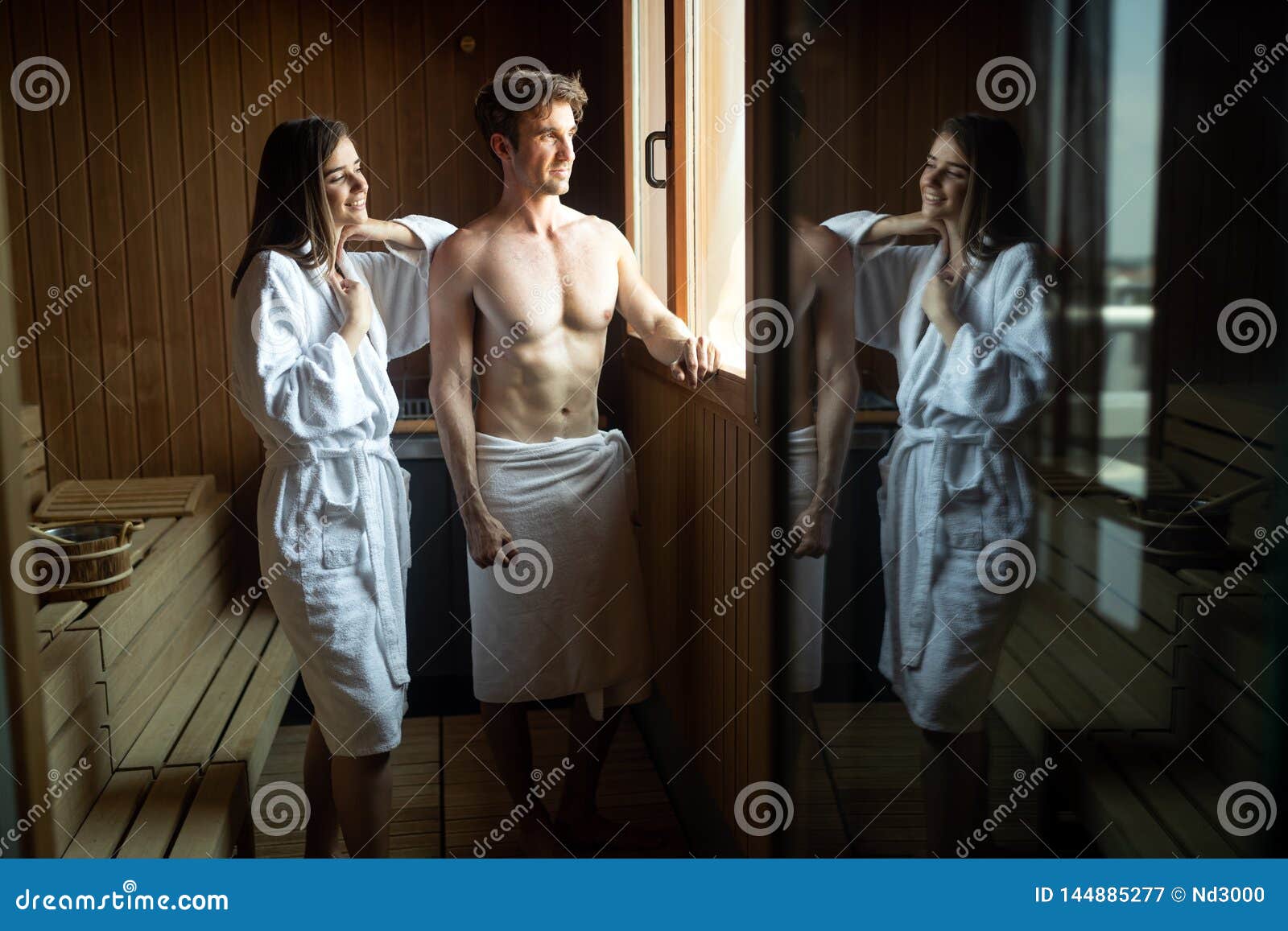 People in Bathrobes Using Sauna at Spa Resort Stock Image Image of