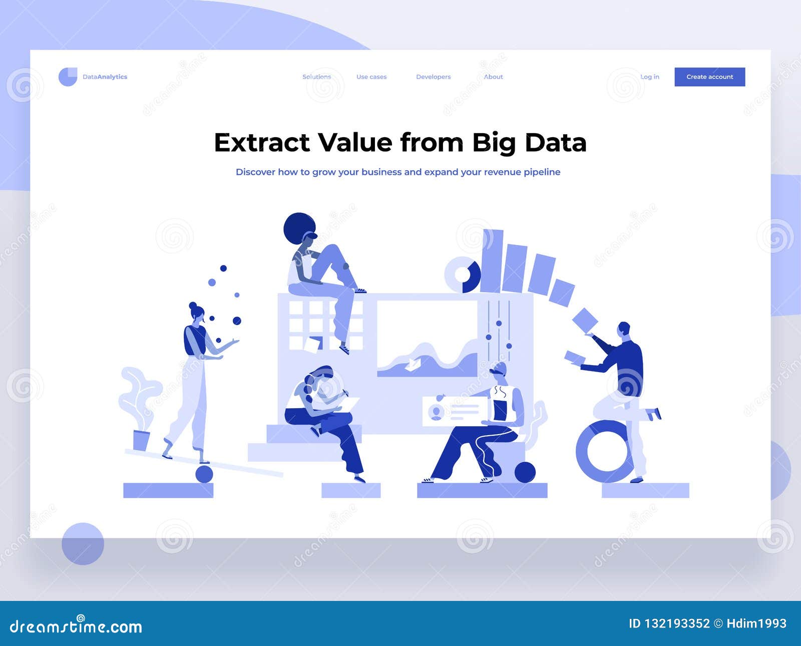 people build a dashboard and interact with graphs. data analysis, and office situations. landing page template. flat