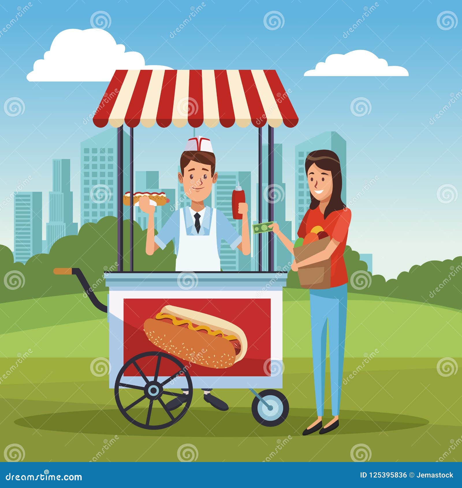 Hot dog cart in park stock vector. Illustration of park - 125395836