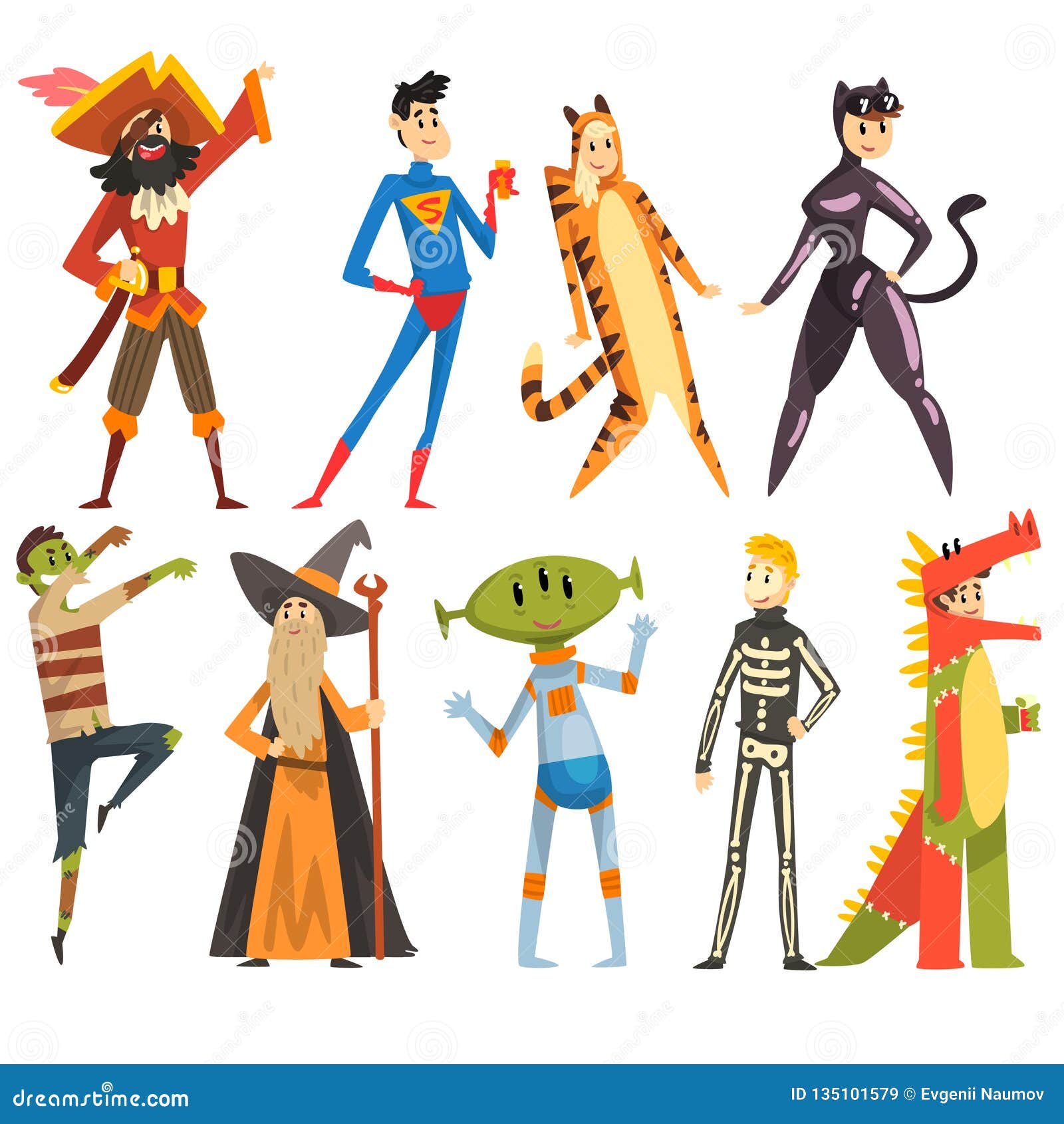 people in carnival costumes set, funny persons dressed as a pirate, magician, tigress, superman, dinosaur, alien, zombie