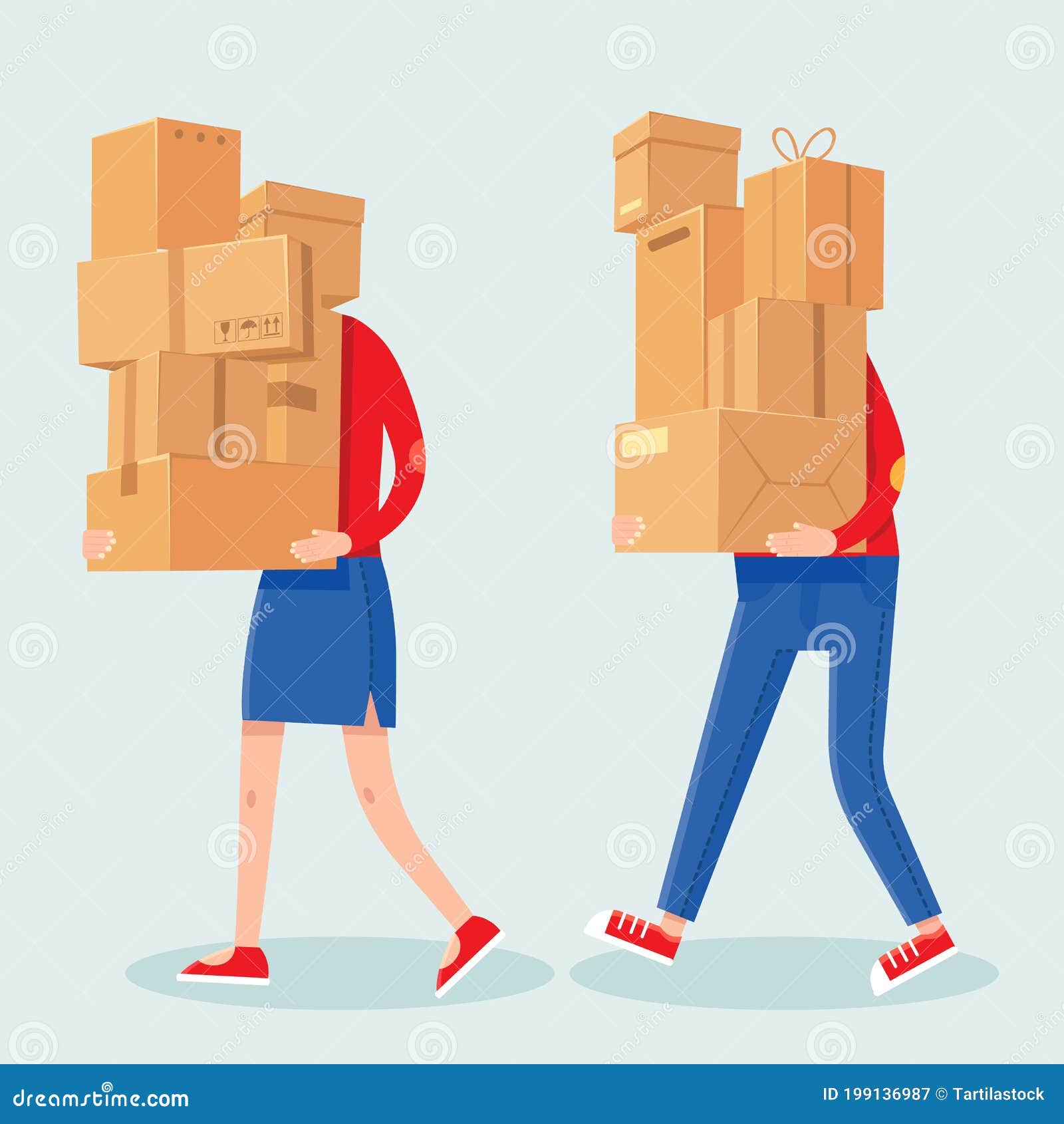 People Carrying Boxes Stack. Cartoon Man and Woman with Heavy Carton