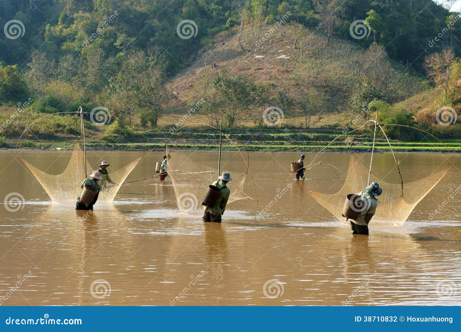 People Catch Fish by Lift Net on Ditch Editorial Photography